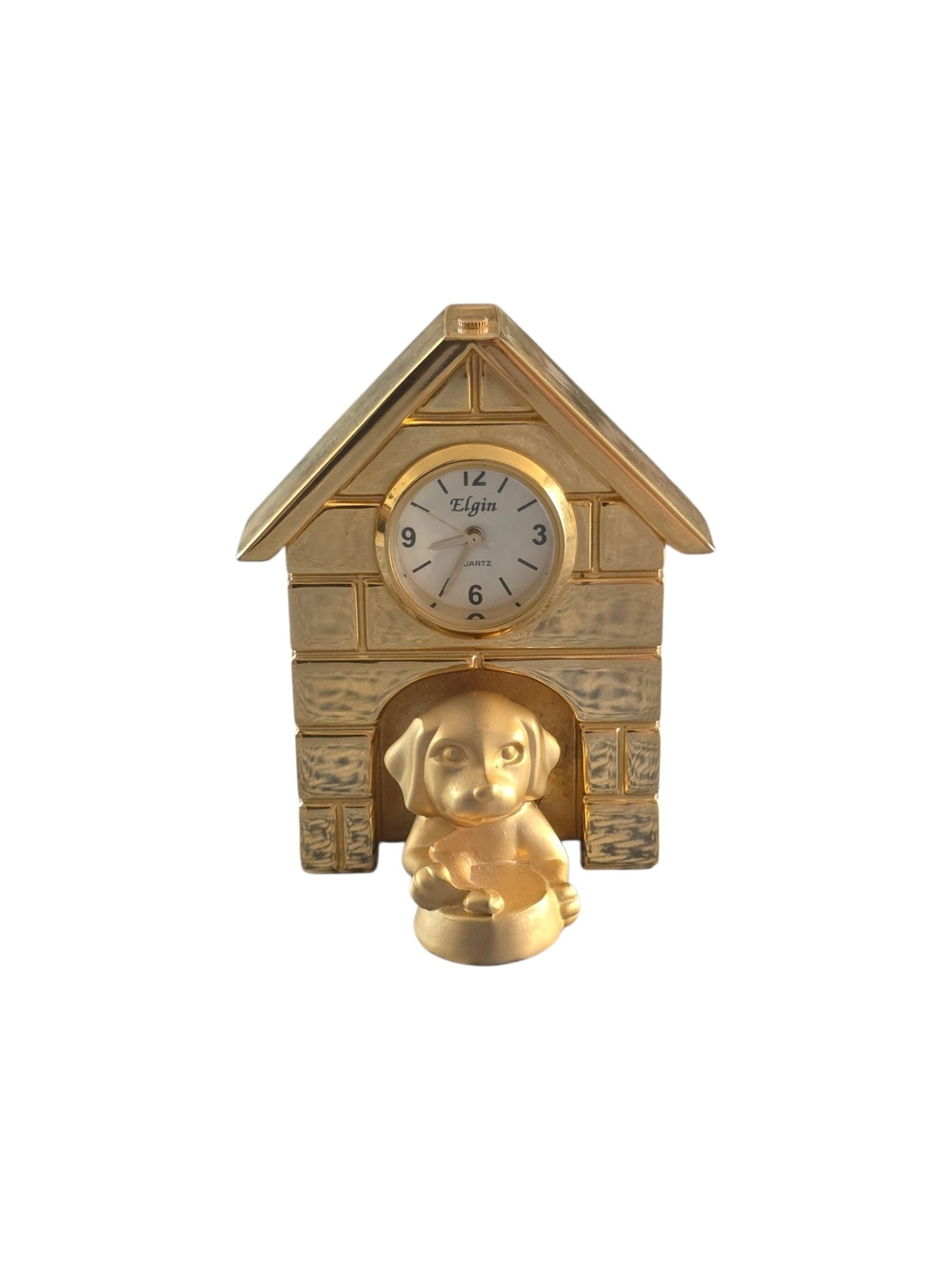 Elgin Gold Doghouse Clock with Figurine Accent